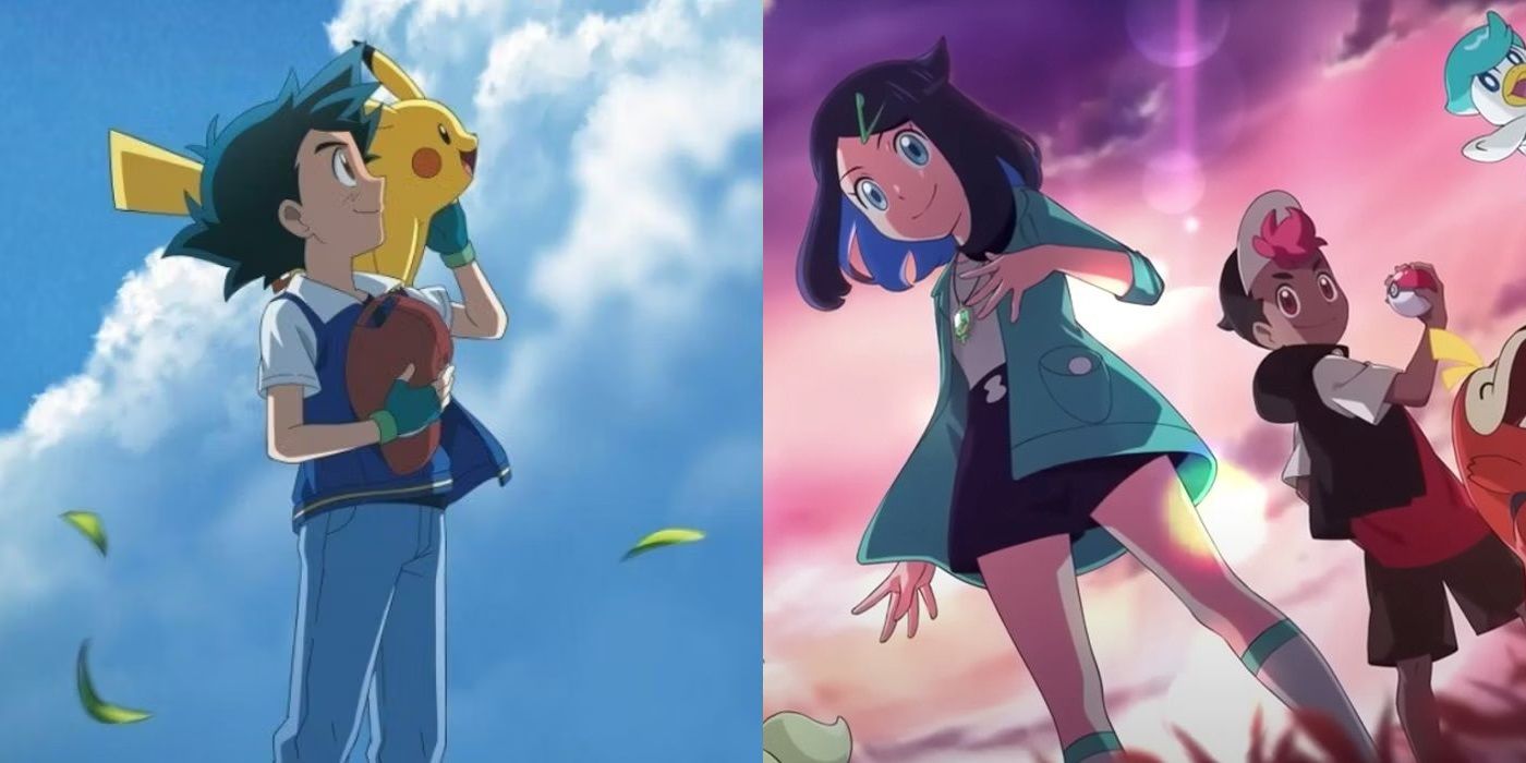 Split shot of Ash and Pikachu from the Distant Blue sky special, and Liko and Roy, the new main characters of the Pokemon Scarlet and Violet anime