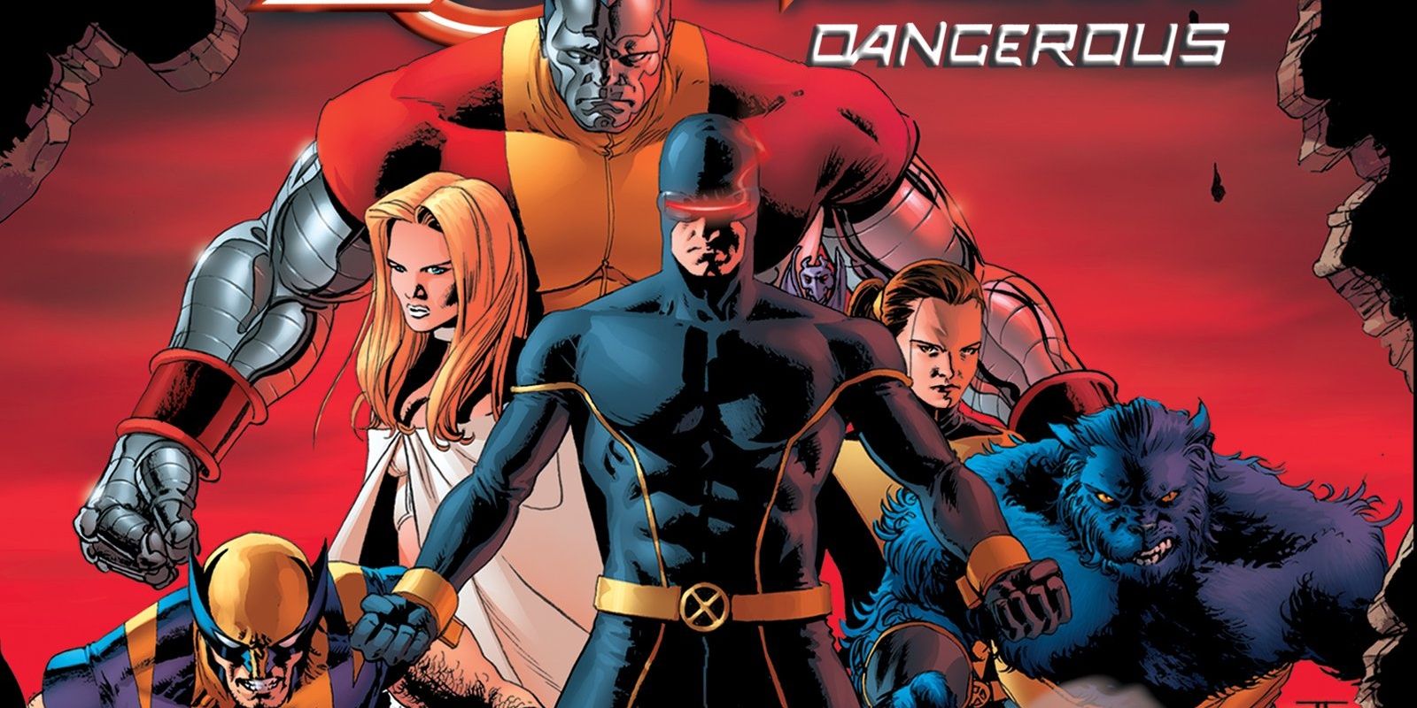 Marvel's X-Men stand united, gazing through a hole in the wall