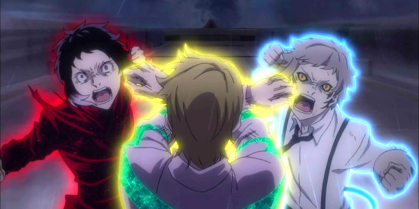 Atsushi and Akutagawa fight Fitzgerald in Bungou Stray Dogs.