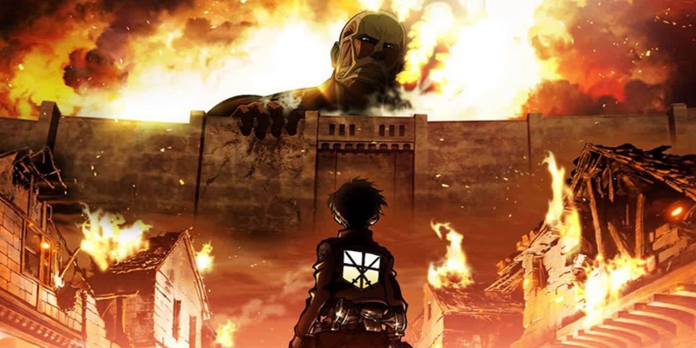 Key visual of Eren Yeager and the Colossal Titan in Attack on Titan Season 1.