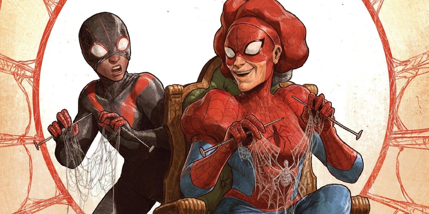Aunt May as Spider-Ma'am with Miles Morales knitting webs