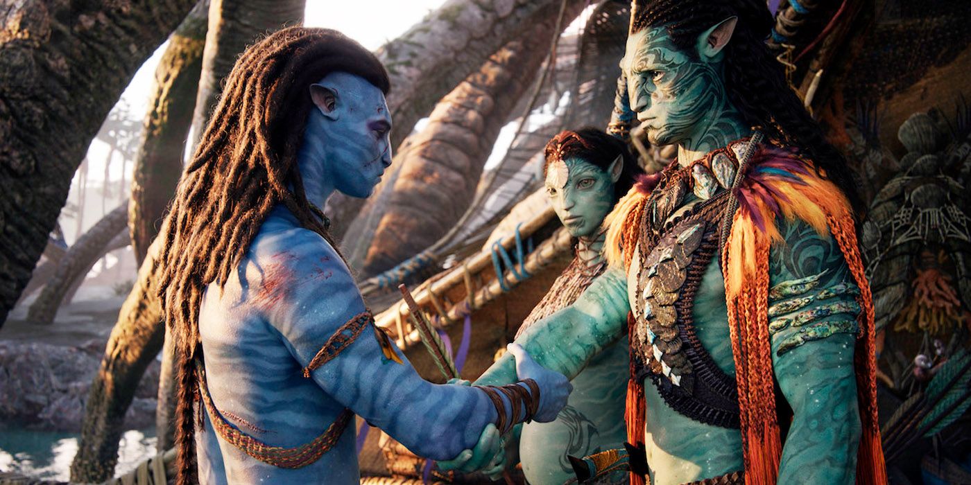 An image from Avatar: The Way of Water showing the Sully family sealing a Na'vi handshake.