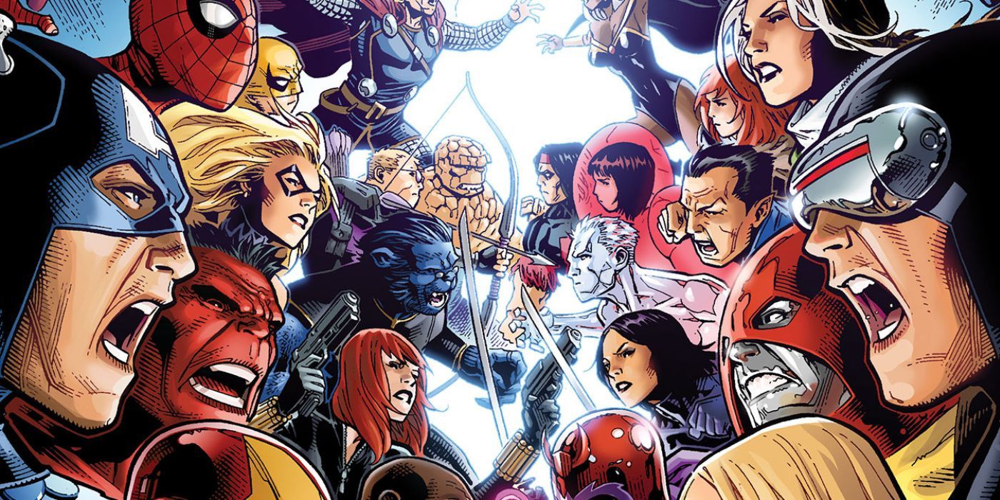 The Avengers and X-Men about to fight from the Marvel comic series Avengers Vs. X-Men