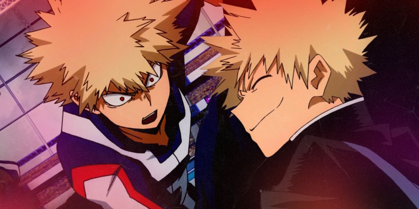 Bakugo looking shocked and then smiling in My Hero Academia