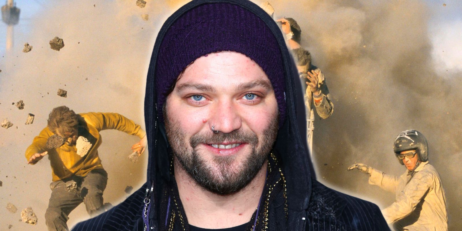 Bam Margera in front of a sandy explosion