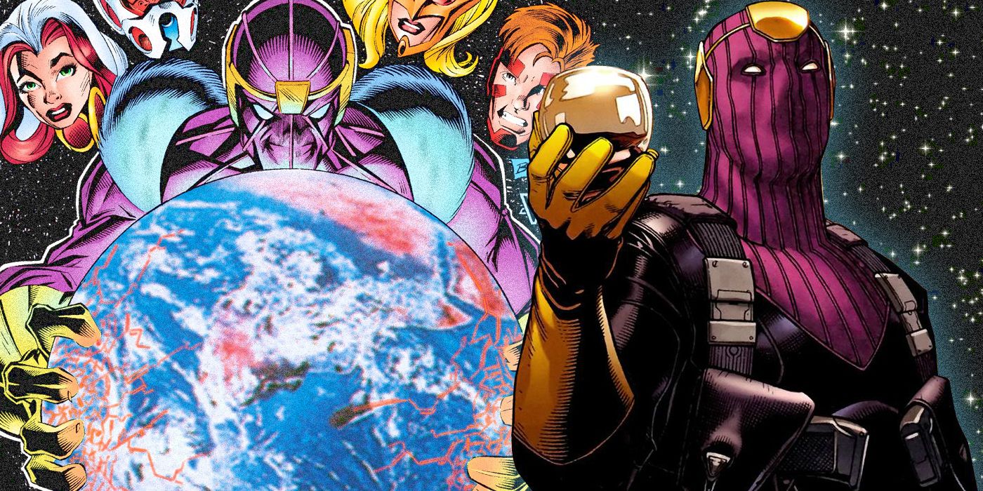 Baron Zemo toasting while he crushes the world in the background