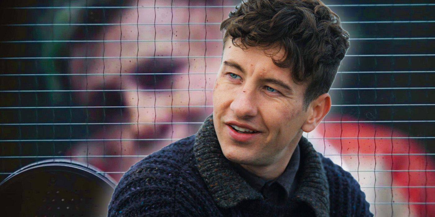 Barry Keoghan in The Banshees of Inisherin in front of an image of his Joker in The Batman.