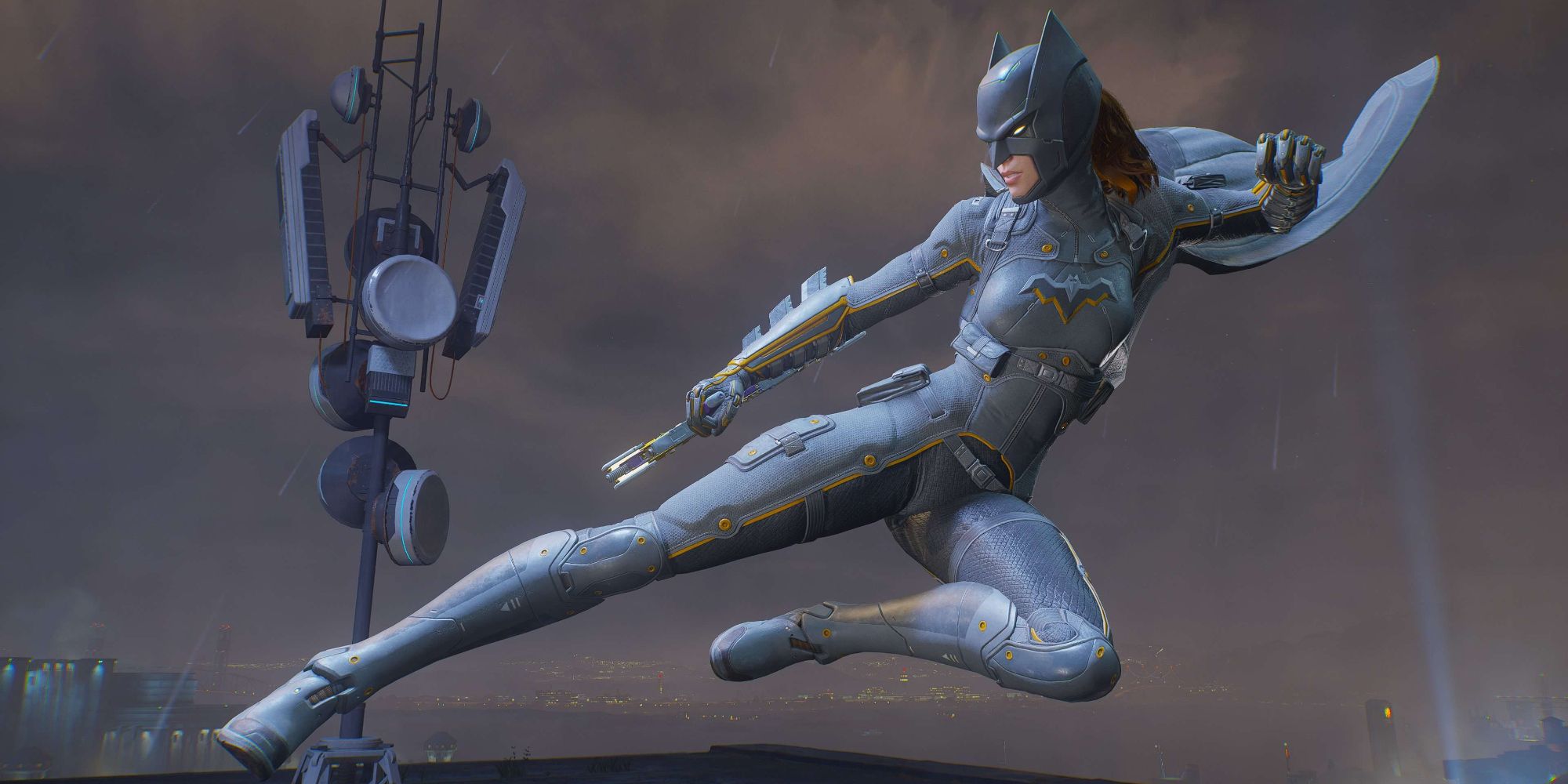 Batgirl delivering an air attack in her Knight Ops suit in Gotham Knights