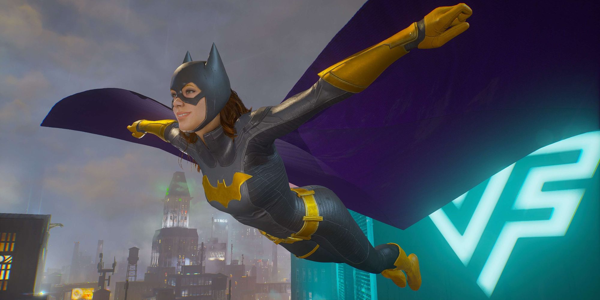 Batgirl gliding through Gotham City with a smile in her Knightwatch suit style in Gotham Knights