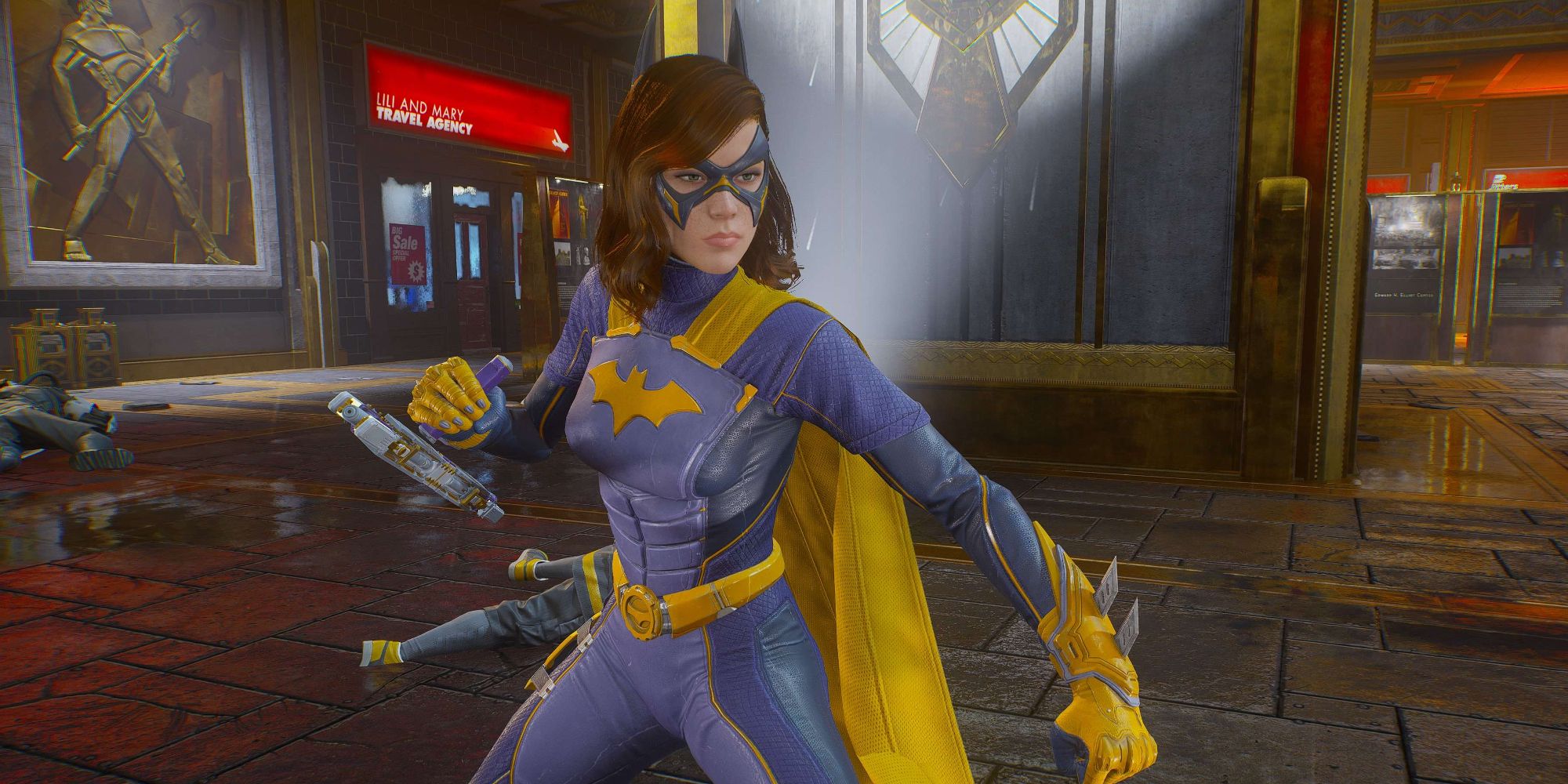 Batgirl inside the underground mall wearing the New Guard suit in Gotham Knights