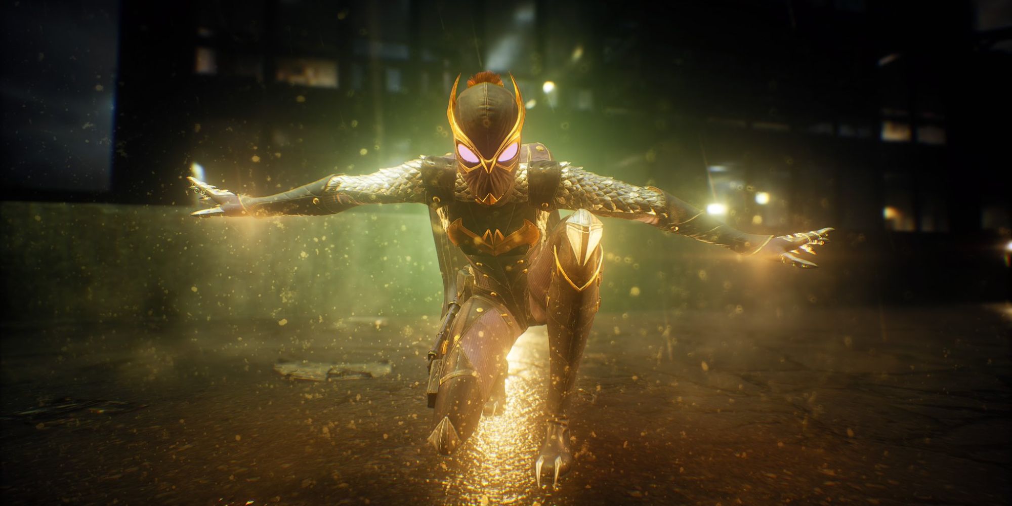 Batgirl landing on the ground in the Talon suit style in Gotham Knights