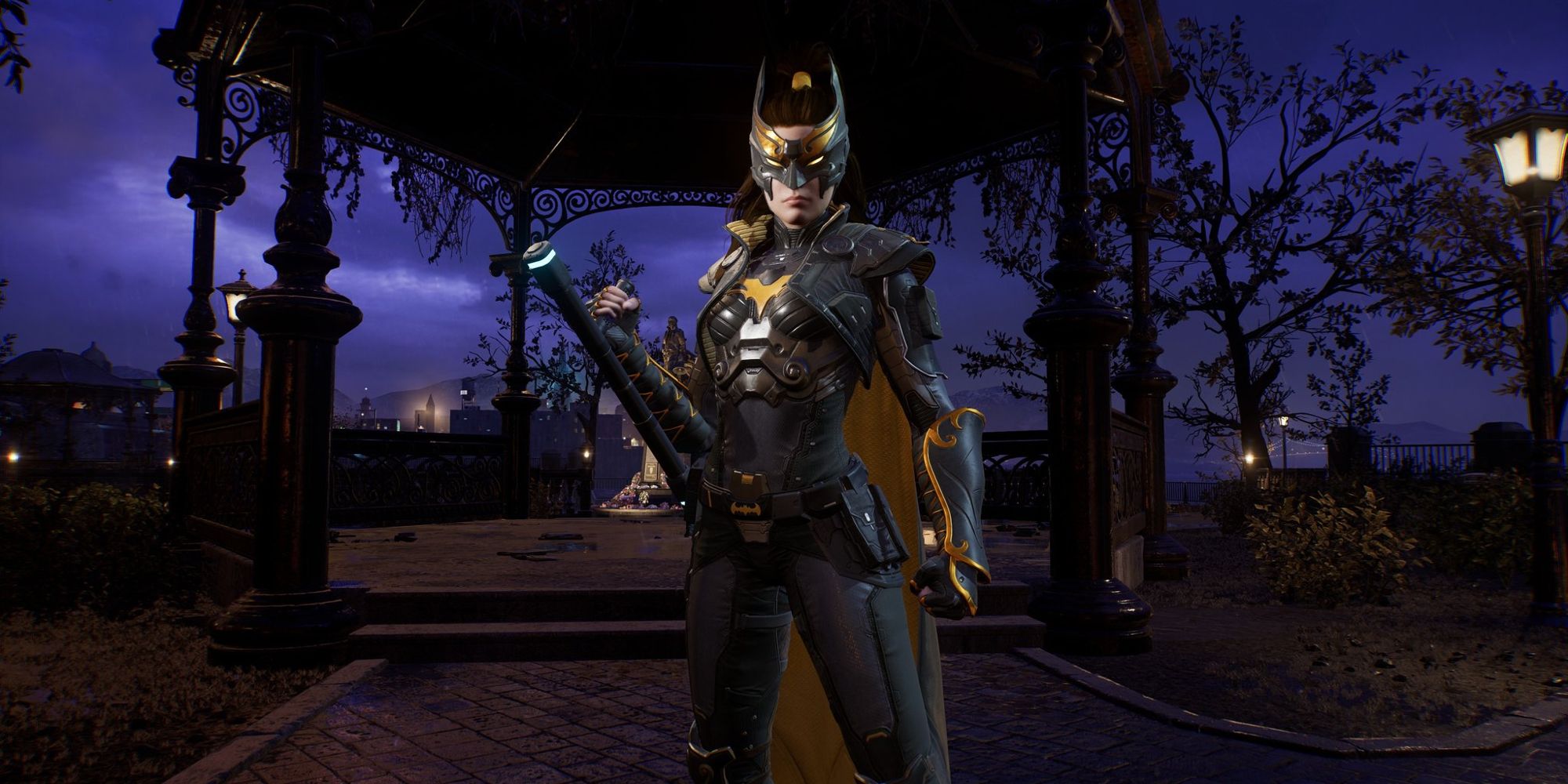 Batgirl standing in the park in her Shinobi suit style in Gotham Knights