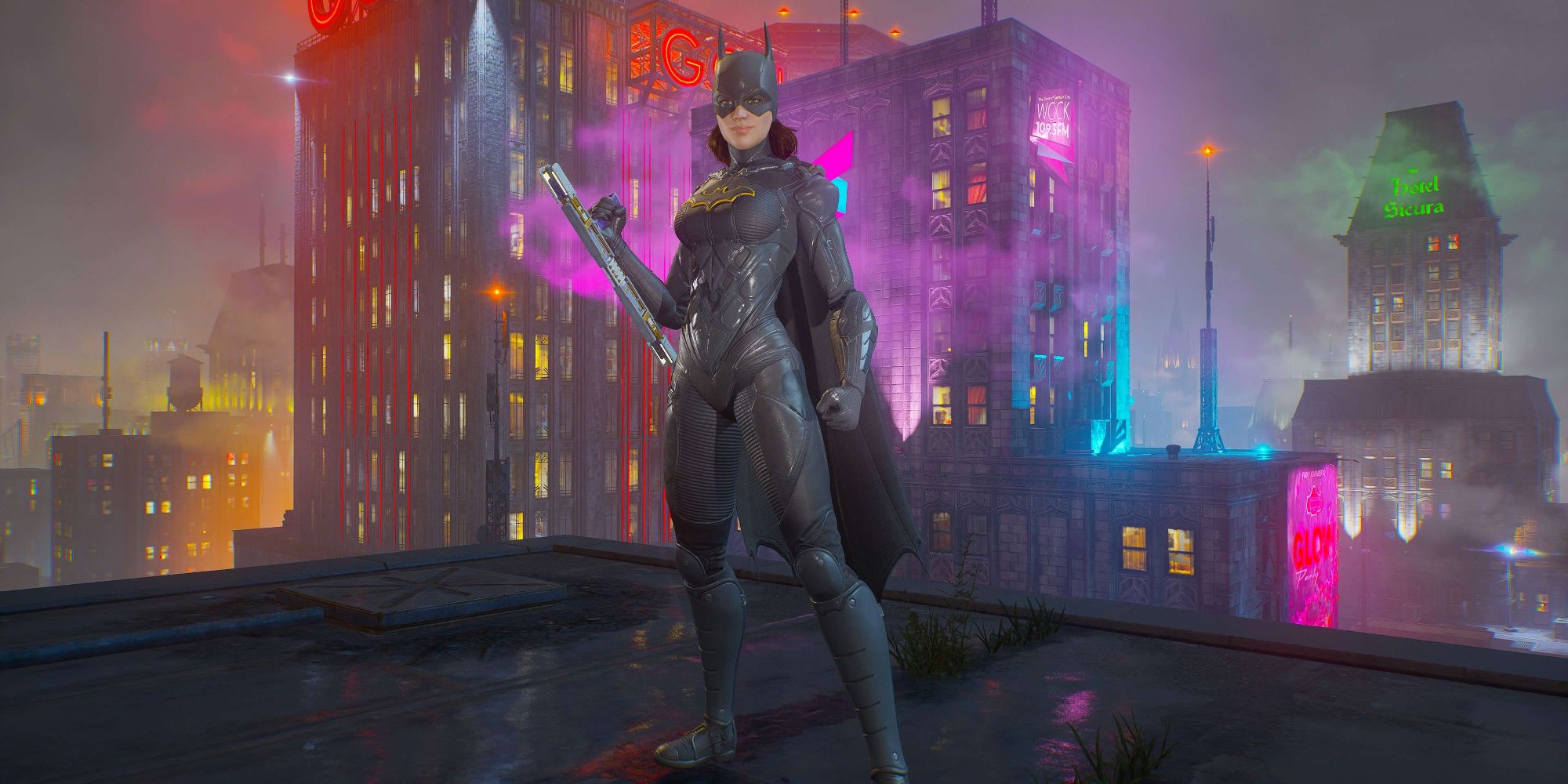 Batgirl standing on a Gotham City rooftop wearing the Knighthood suit in Gotham Knights