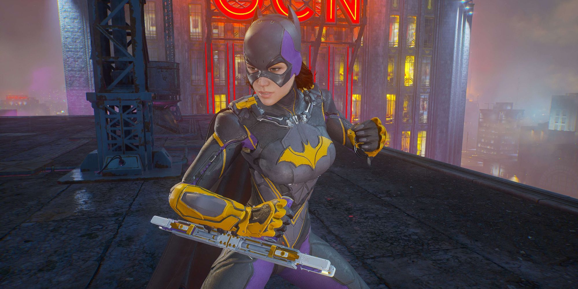 Batgirl wearing her Titan suit on a rooftop in Gotham Knights