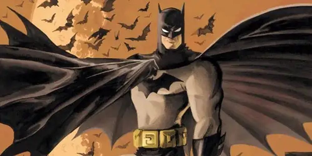 Batman is standing on an orange sky with a colony of bats behind him.