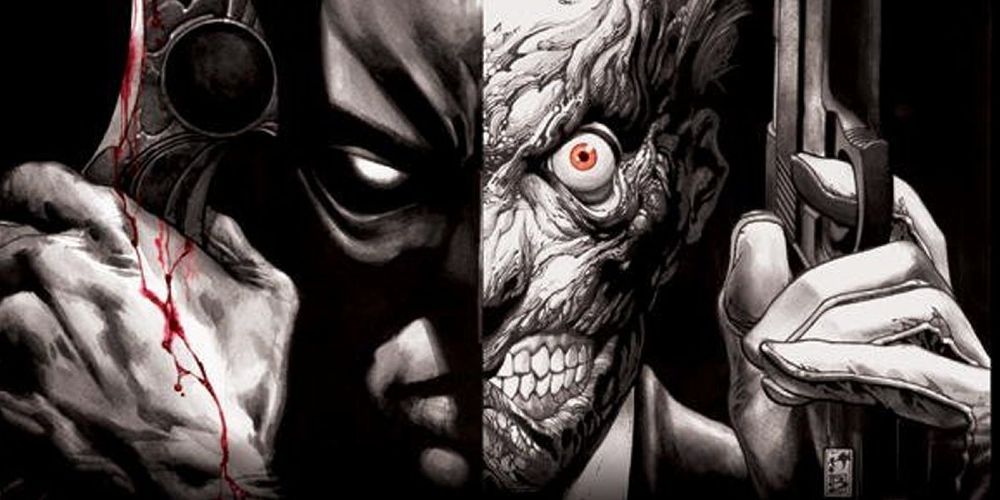 A split image showing one side of Batman's face and the opposite, scarred side of Two-Face's face.