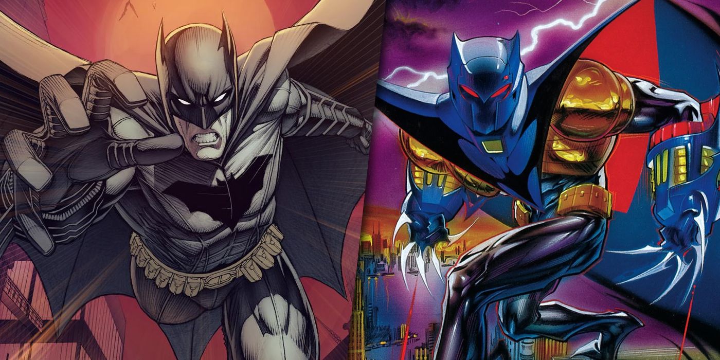 Batman in his original costume and his redesigned Azrael suit split image