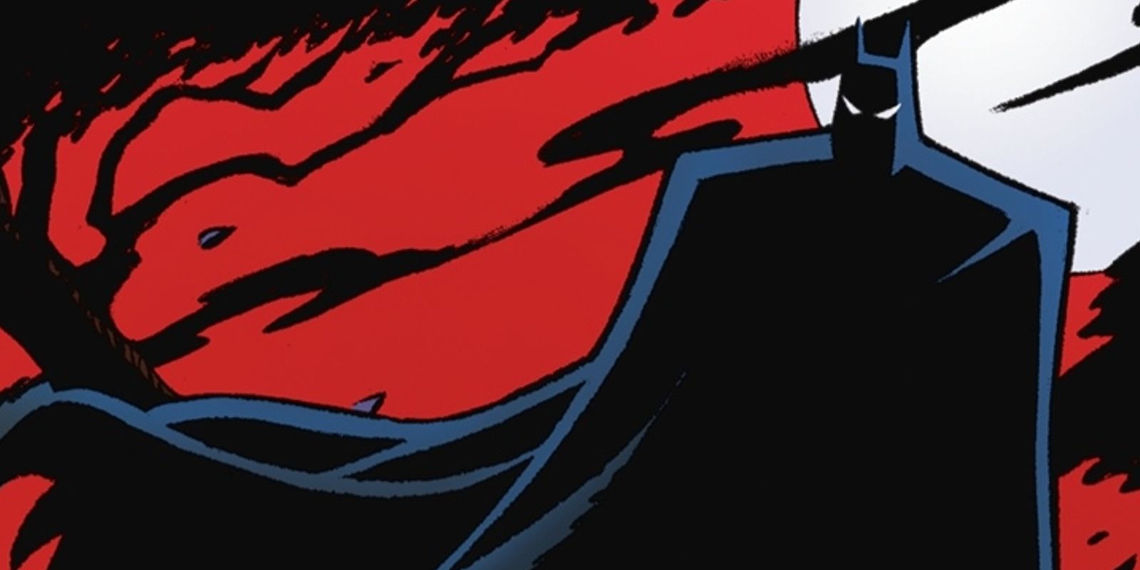 Batman silhouetted by a white moon in a red sky in The Adventures Continue in DC Comics