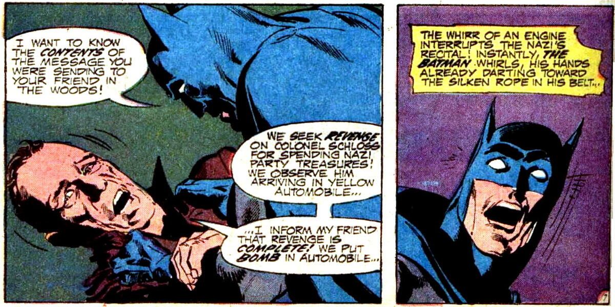 Batman interrogates a Nazi war criminal in "Night of the Reaper!"