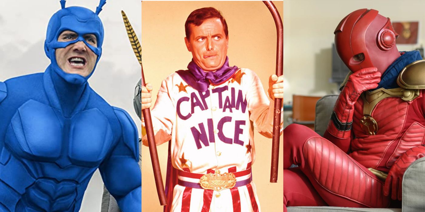 Split image showing The Tick, Captain Nice and Javier
