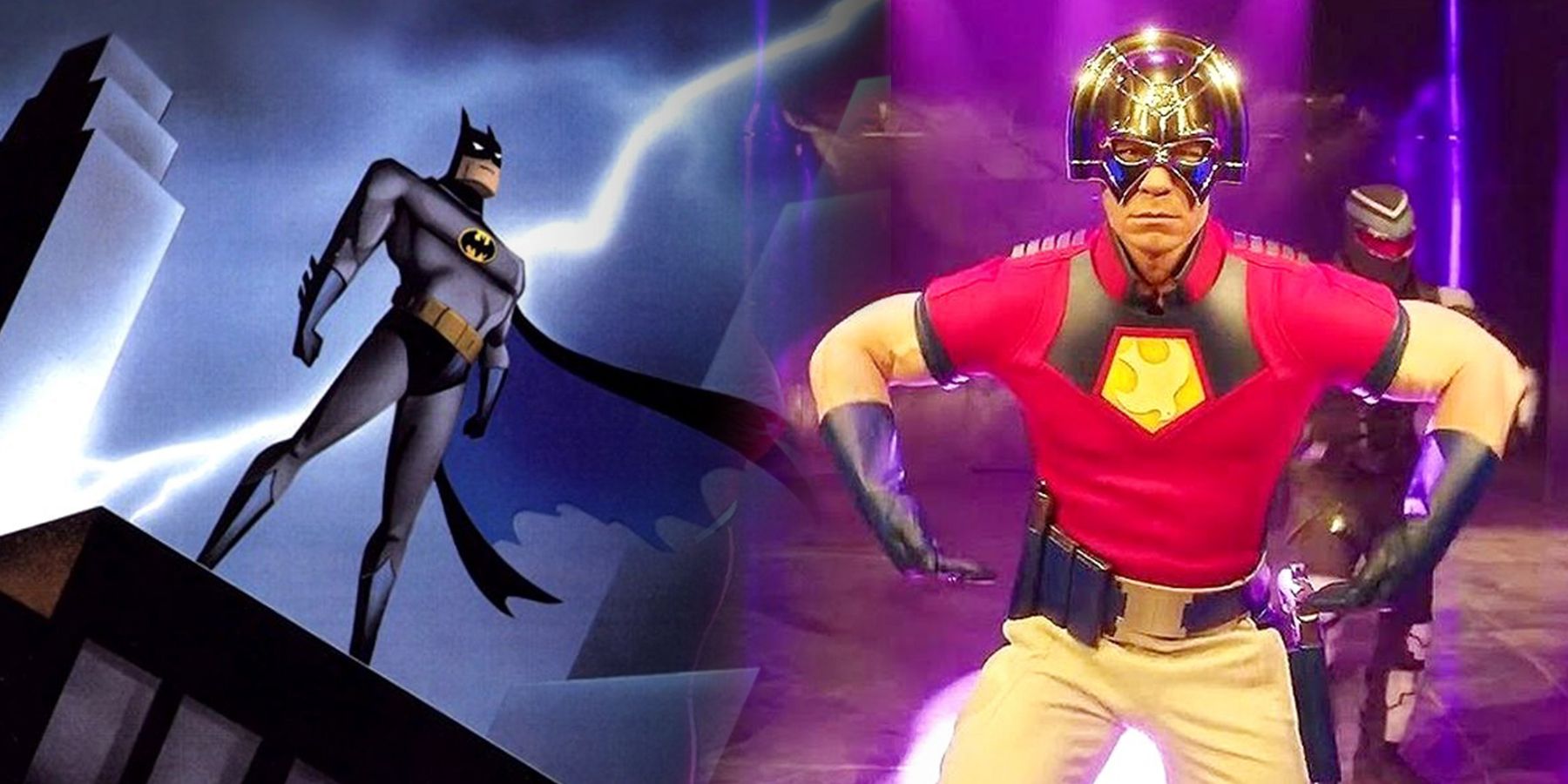Batman on the left with a streak of lightning behind him with John Cena's Peacemaker flexing on the right