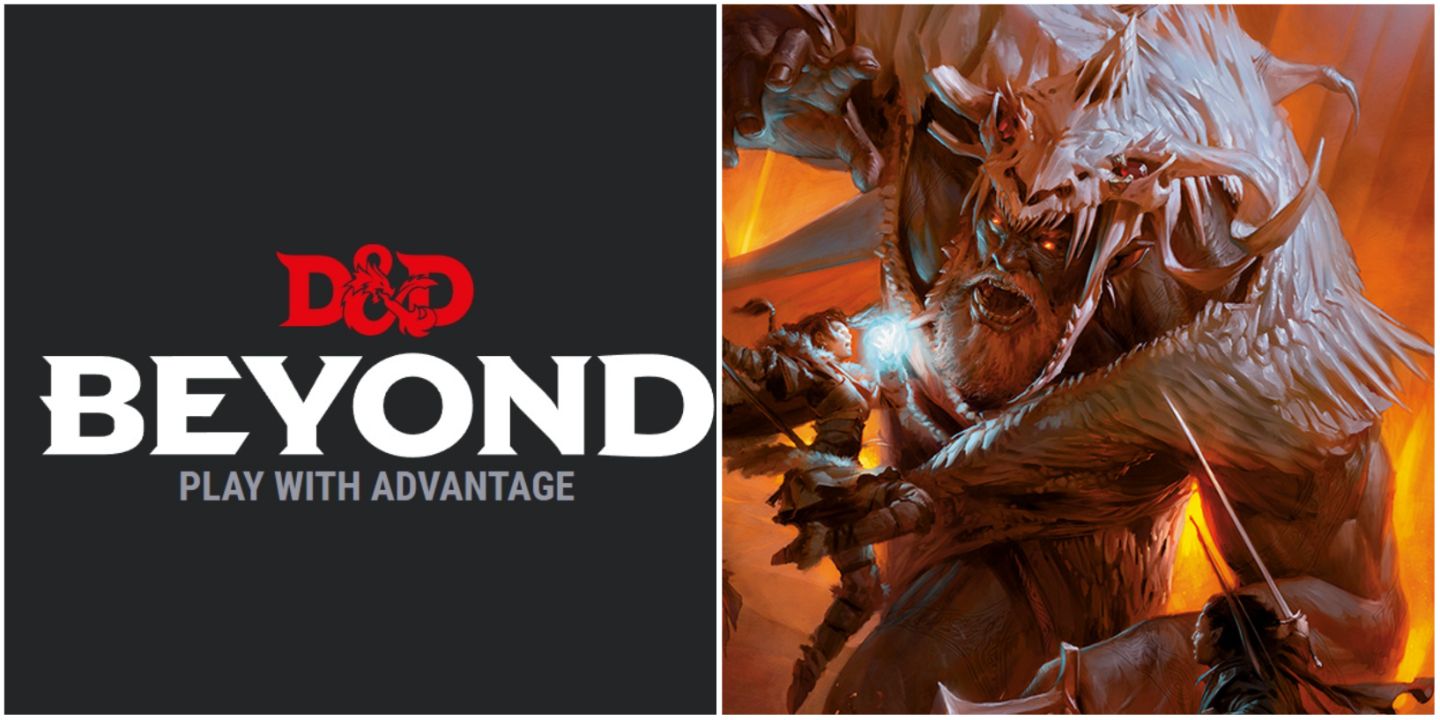 A split image showing the DnD Beyond logo, and adventurers facing a giant in DnD
