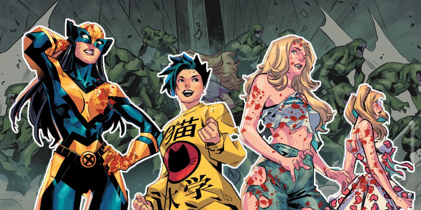A composite of X-Terminators Wolverine, Jubileee, Dazzler, and Boom-Boom in Marvel Comics