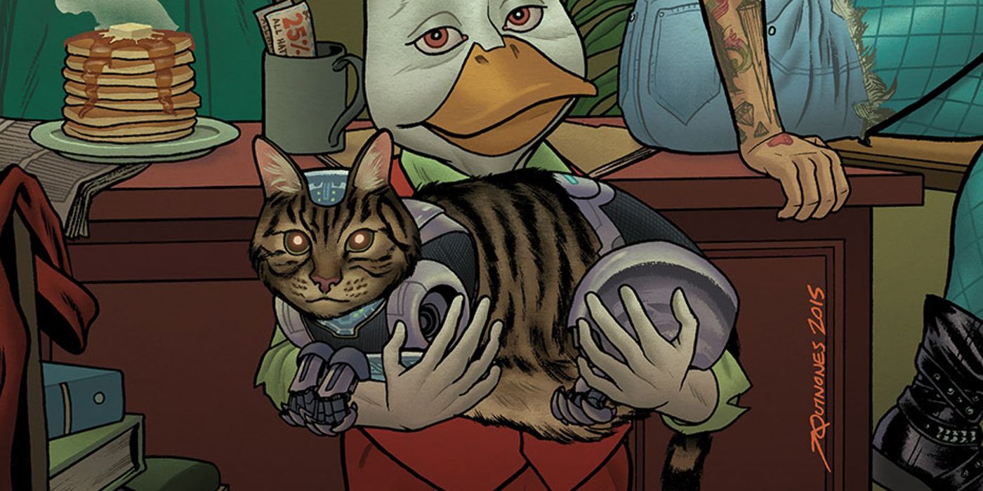 Howard the Duck holding Biggs the Cyborg Cat