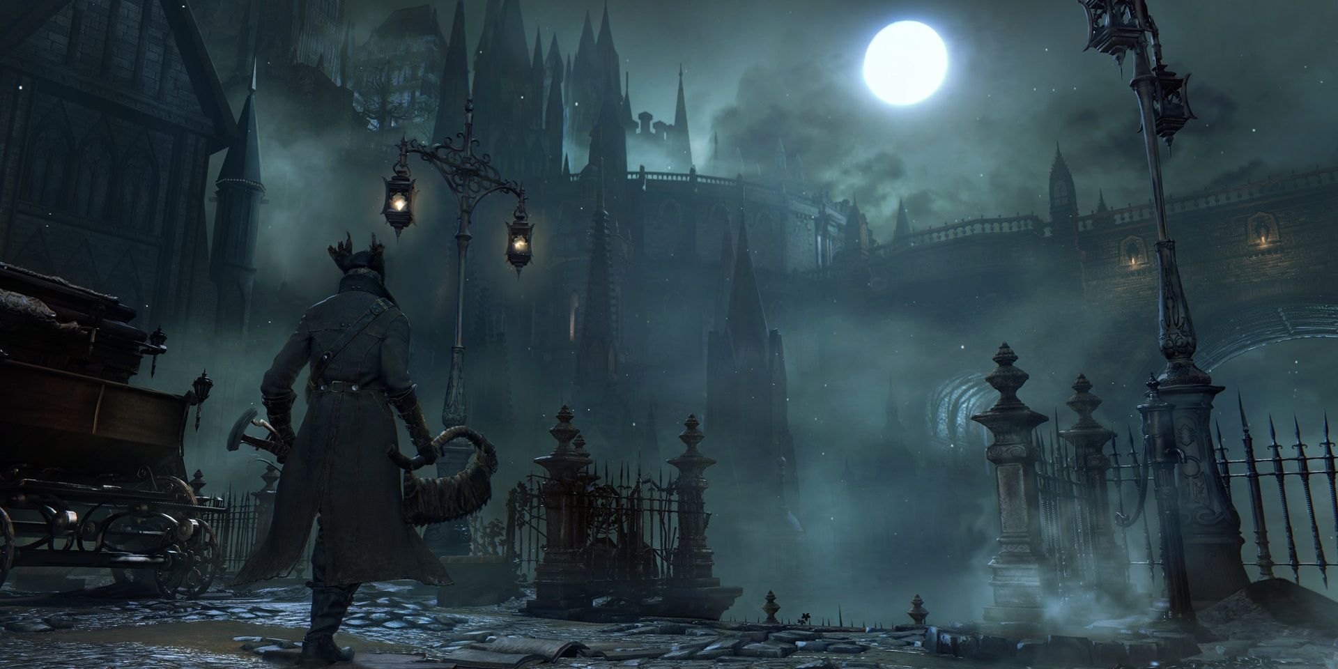 The Hunter gazes at the moon in Central Yharnam.