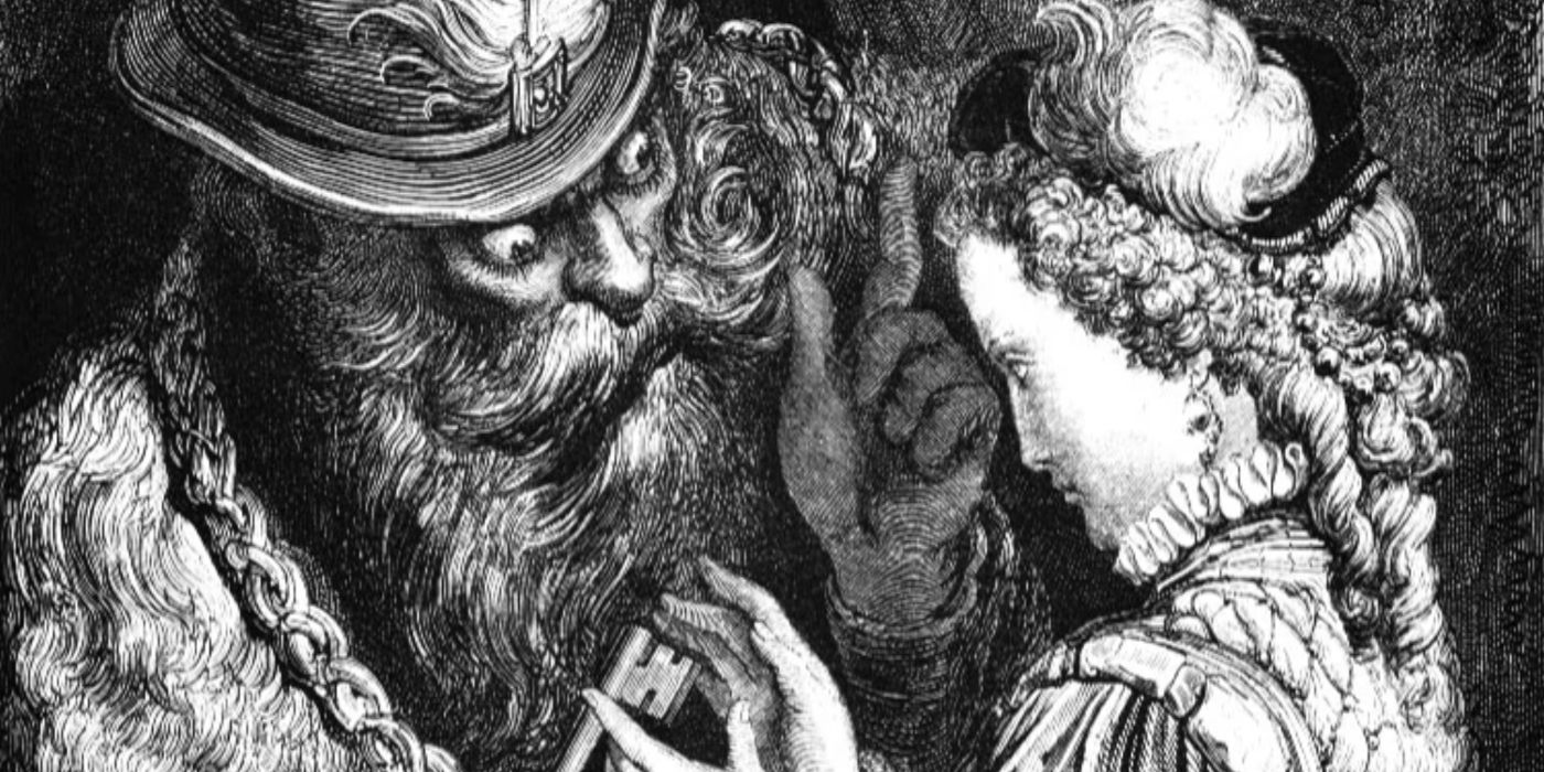 Fairytale Bluebeard artwork depicting him and his wife. 