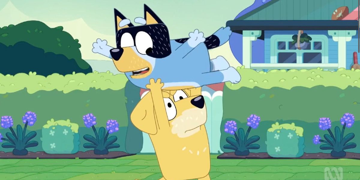 Bandit Heeler being lifted up by Pat in the TV animated series Bluey