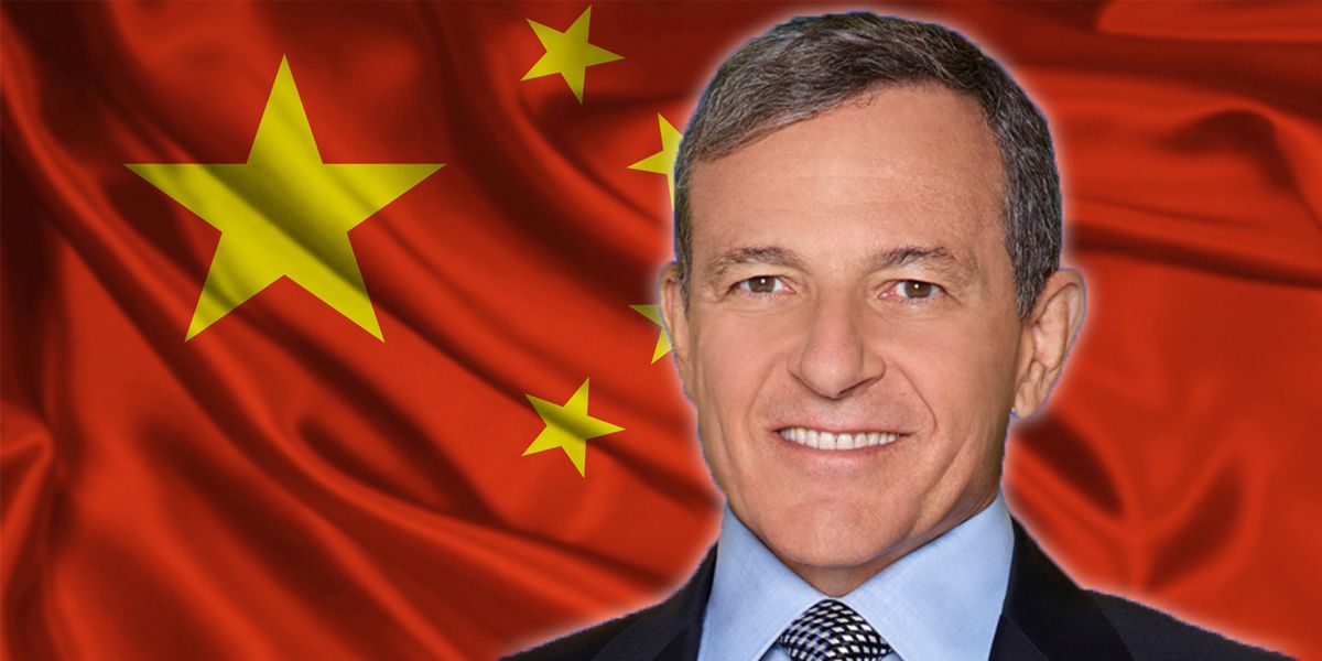 A still of Disney CEO Bob Iger in front of the Chinese flag