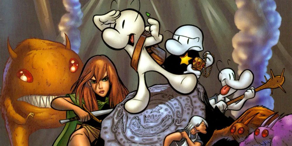 Bone and his friends stand on a rock alongside various fantasy creatures from Bone comics