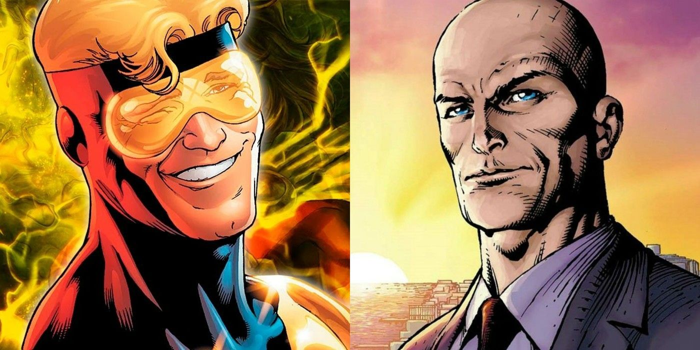 A split image of Booster Gold smiling and of Lex Luthor grinning in DC Comics
