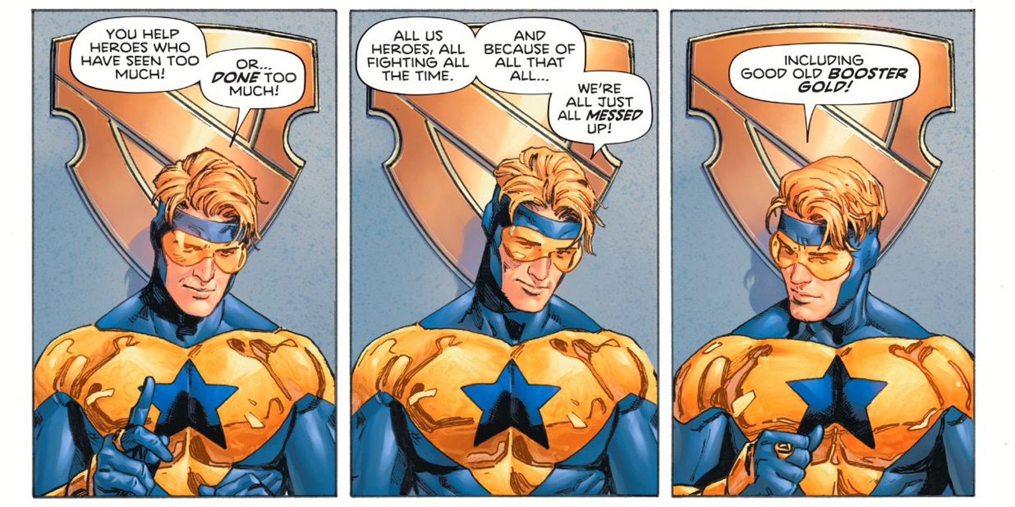 Booster Gold discussing the mental health of superheroes in DC Comics