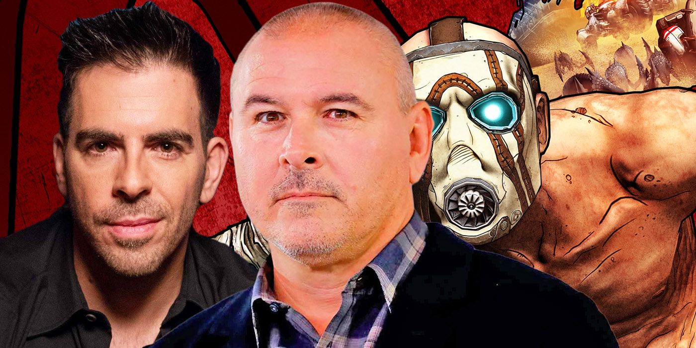 Borderlands: Incoming reshoots director Tim Miller in front of director Eli Roth and a cover image from the game.