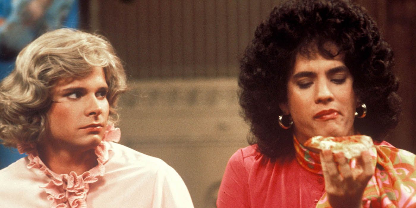 The two male main characters from Bosom Buddies dressed in drag.