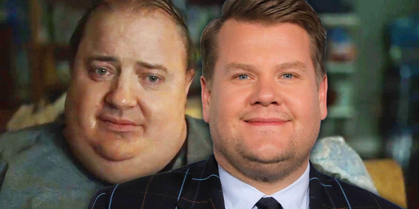 James Corden in front of an image of Brendan Fraser from The Whale.