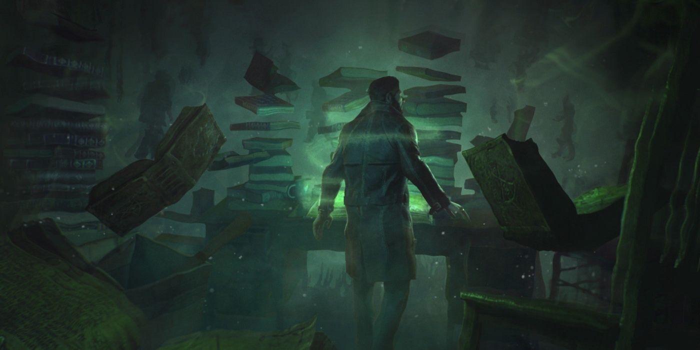 An investigator surrounded by floating books in Call of Cthulhu RPG