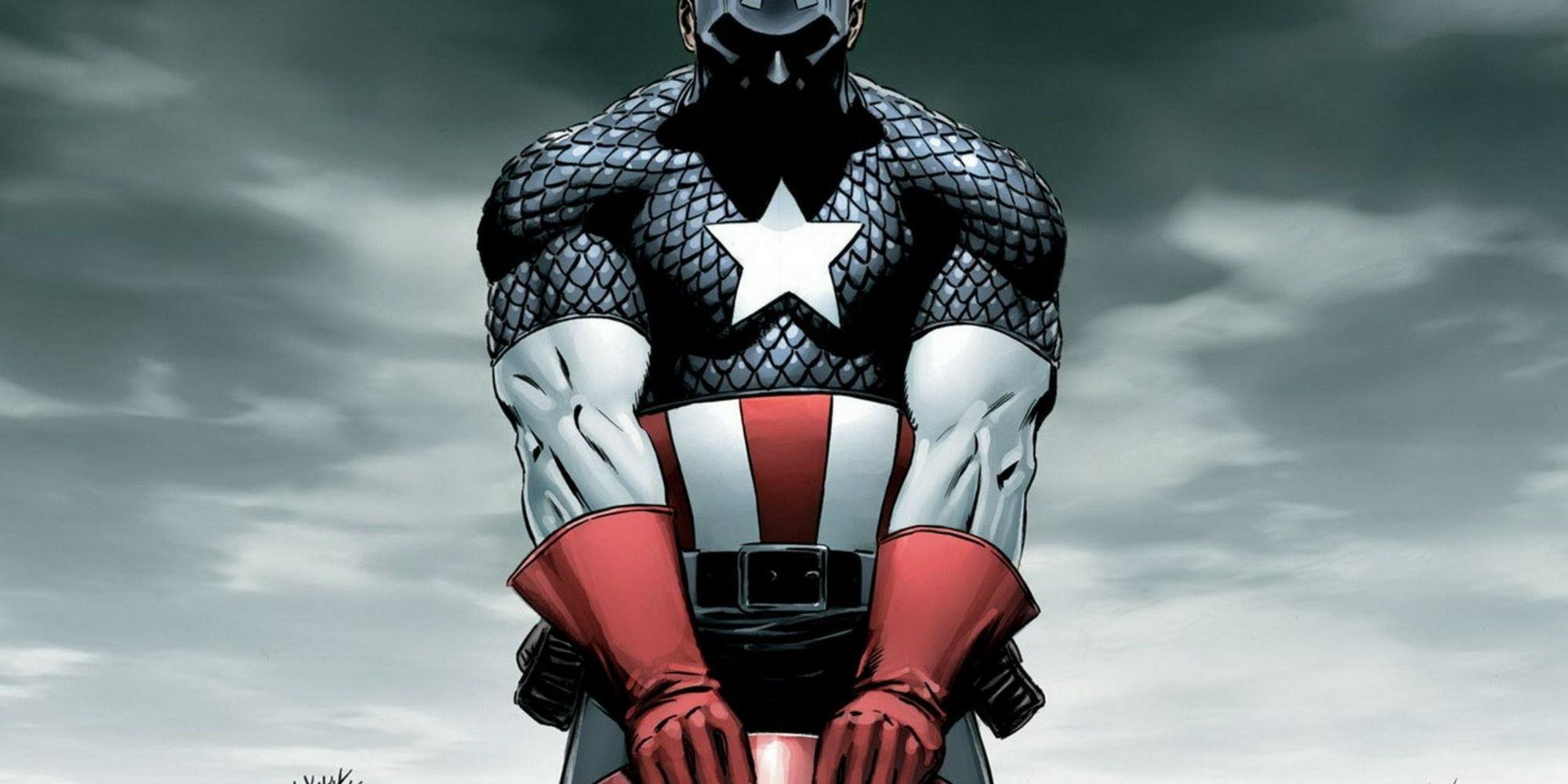 Captain America, eyes downcast, in Marvel Comics