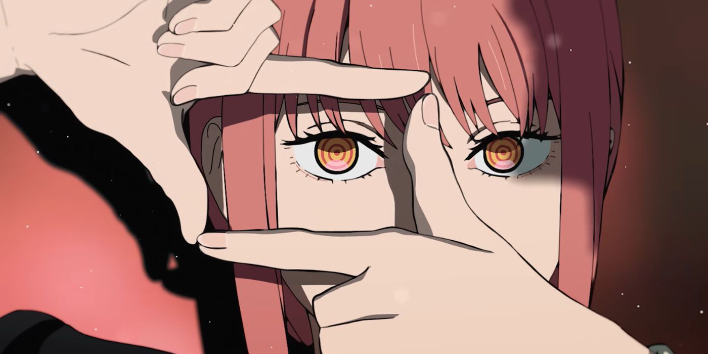 Makima in the Chainsaw Man opening making a frame around her eye with her fingers