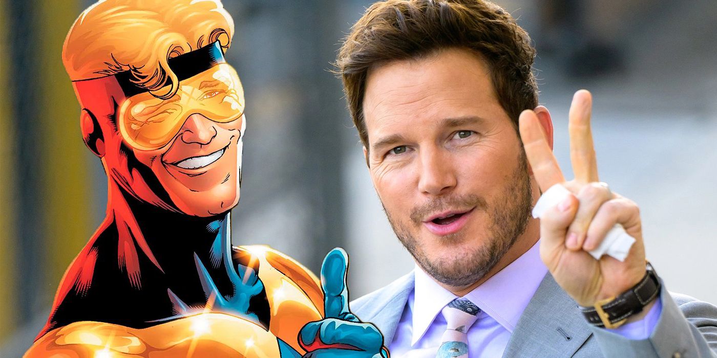 Chris Pratt holding up a peace sign next to Booster Gold from DC Comics giving a thumbs up.