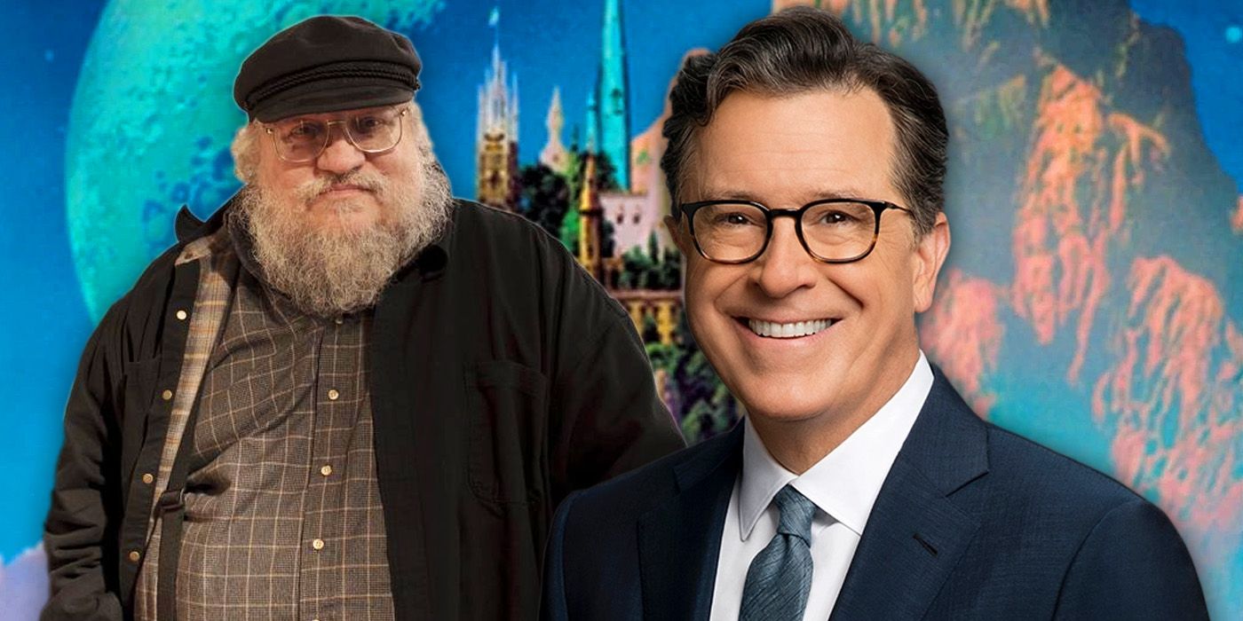 Stephen Colbert and George R.R. Martin in front of The Chronicles of Amber cover.