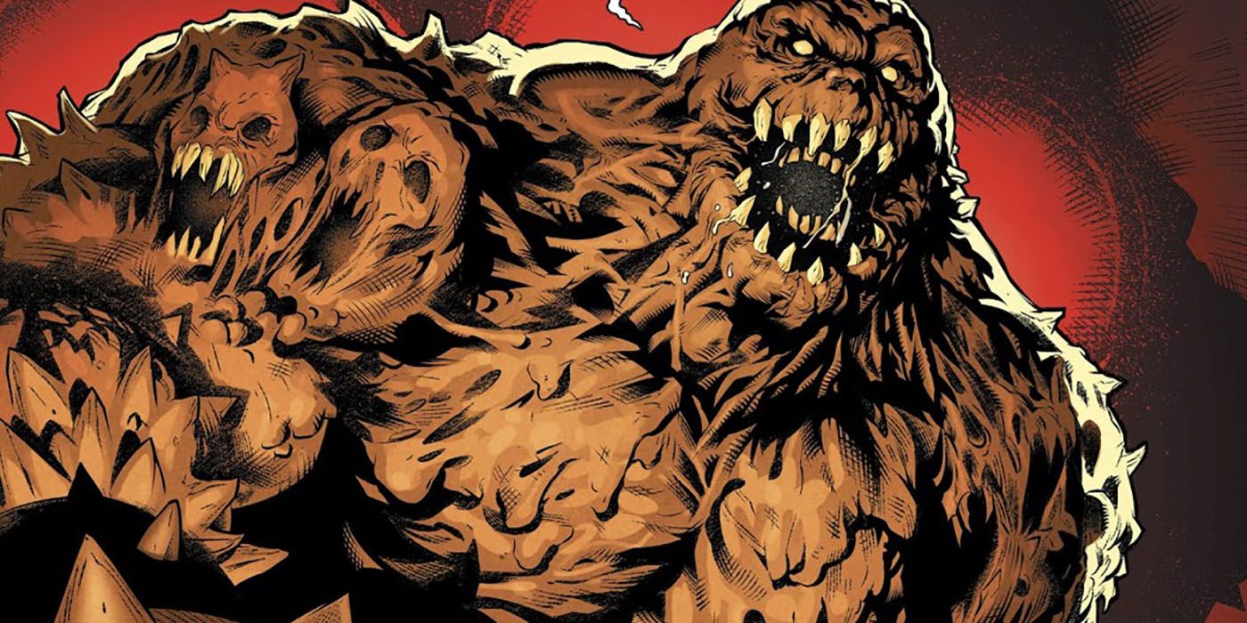 Clayface roars in front of a red backdrop