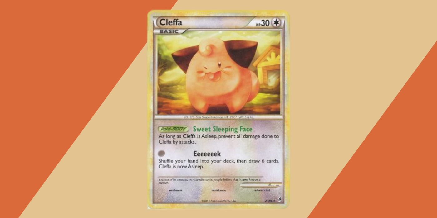 Cleffa pokemon card against an orange and tan background.