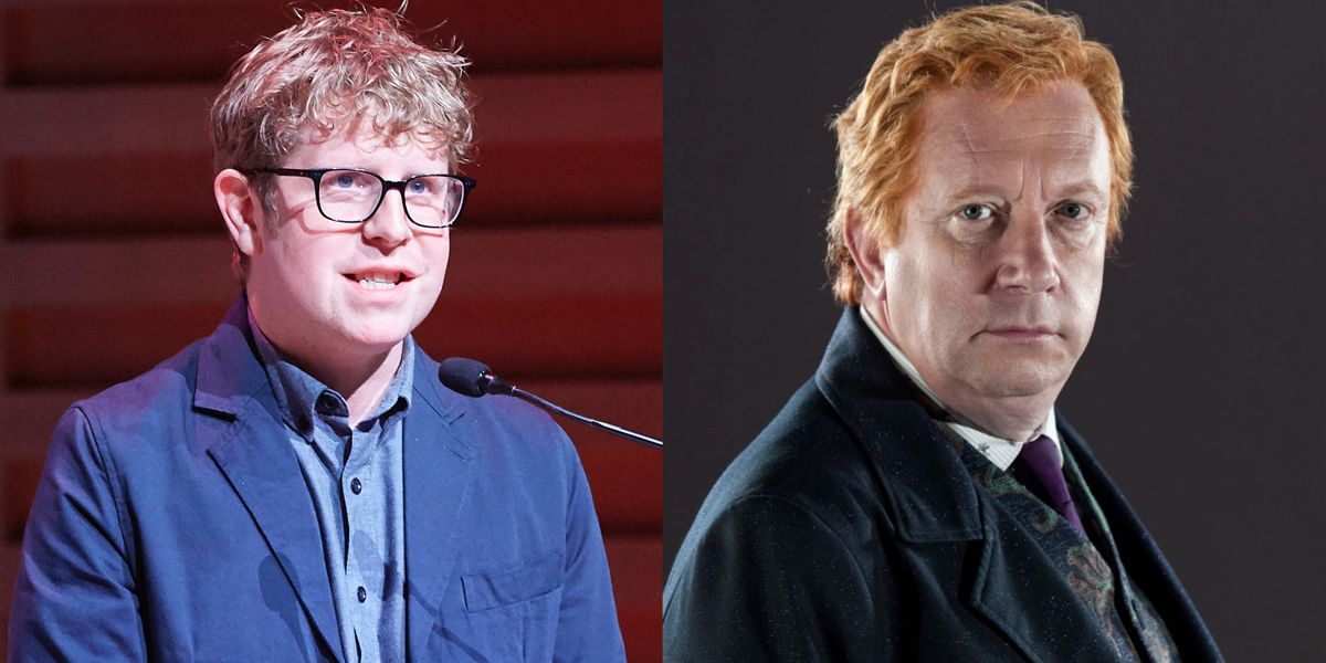 Split image of Josh Widdicombe and Mark Williams as Arthur Weasley in Harry Potter