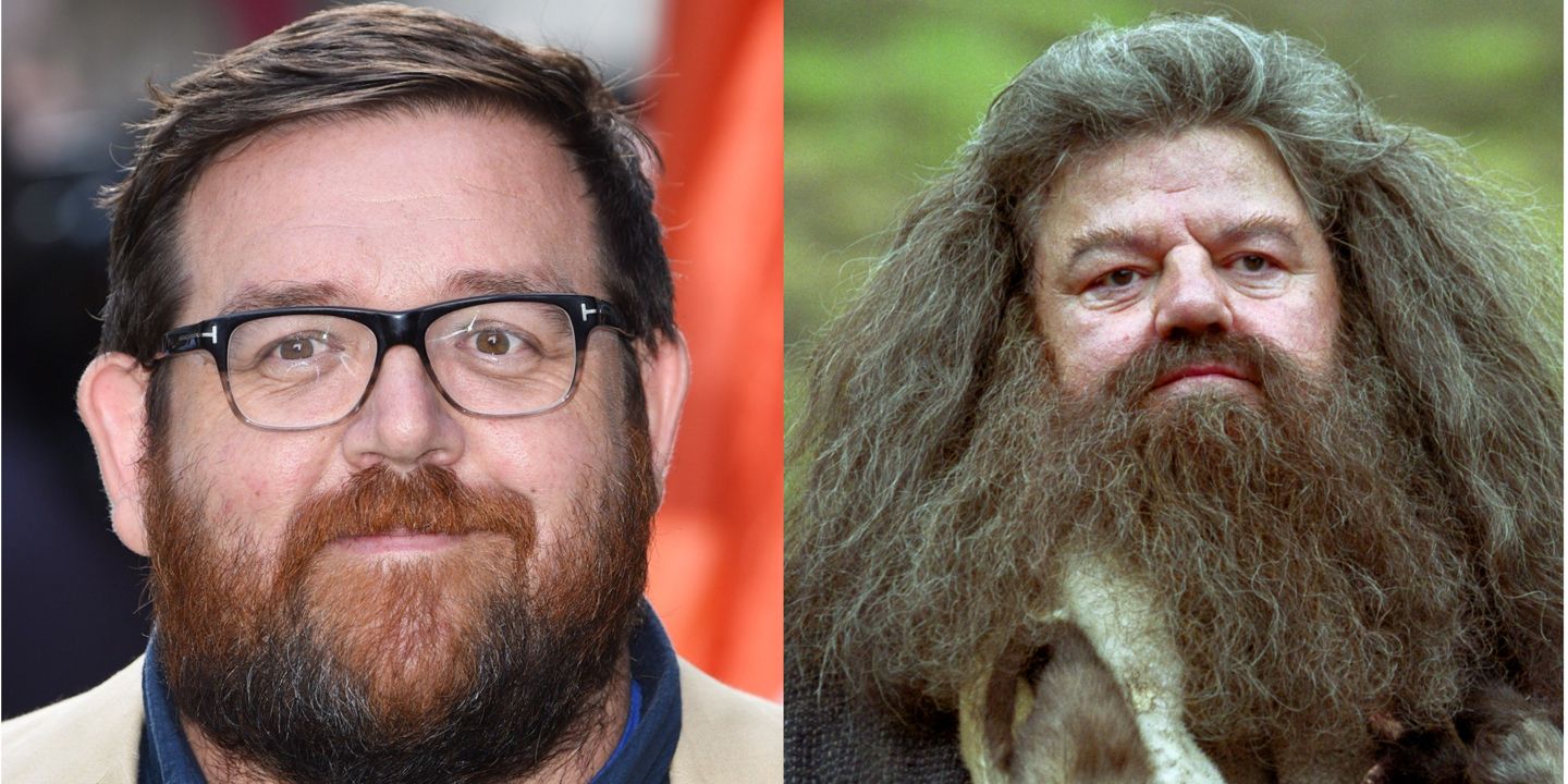Split image of Nick Frost and Robbie Coltrane as Hagrid in Harry Potter