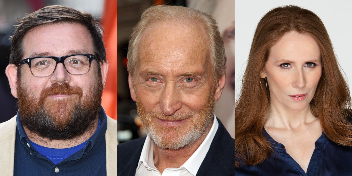 Split image of Nick Frost, Charles Dance, and Catherine Tate