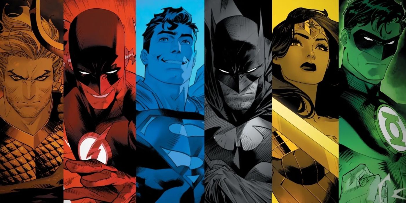 A header image of Dawn Of The DC universe, featuring Aquaman, the Flash, Superman, Batman, Wonder Woman, and Hal Jordan