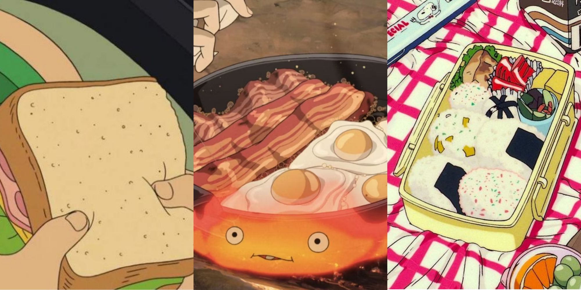A sandwich from Ponyo, Calcifer cooking bacon and eggs from Howl's Moving Castle, and a bento from Ocean Waves
